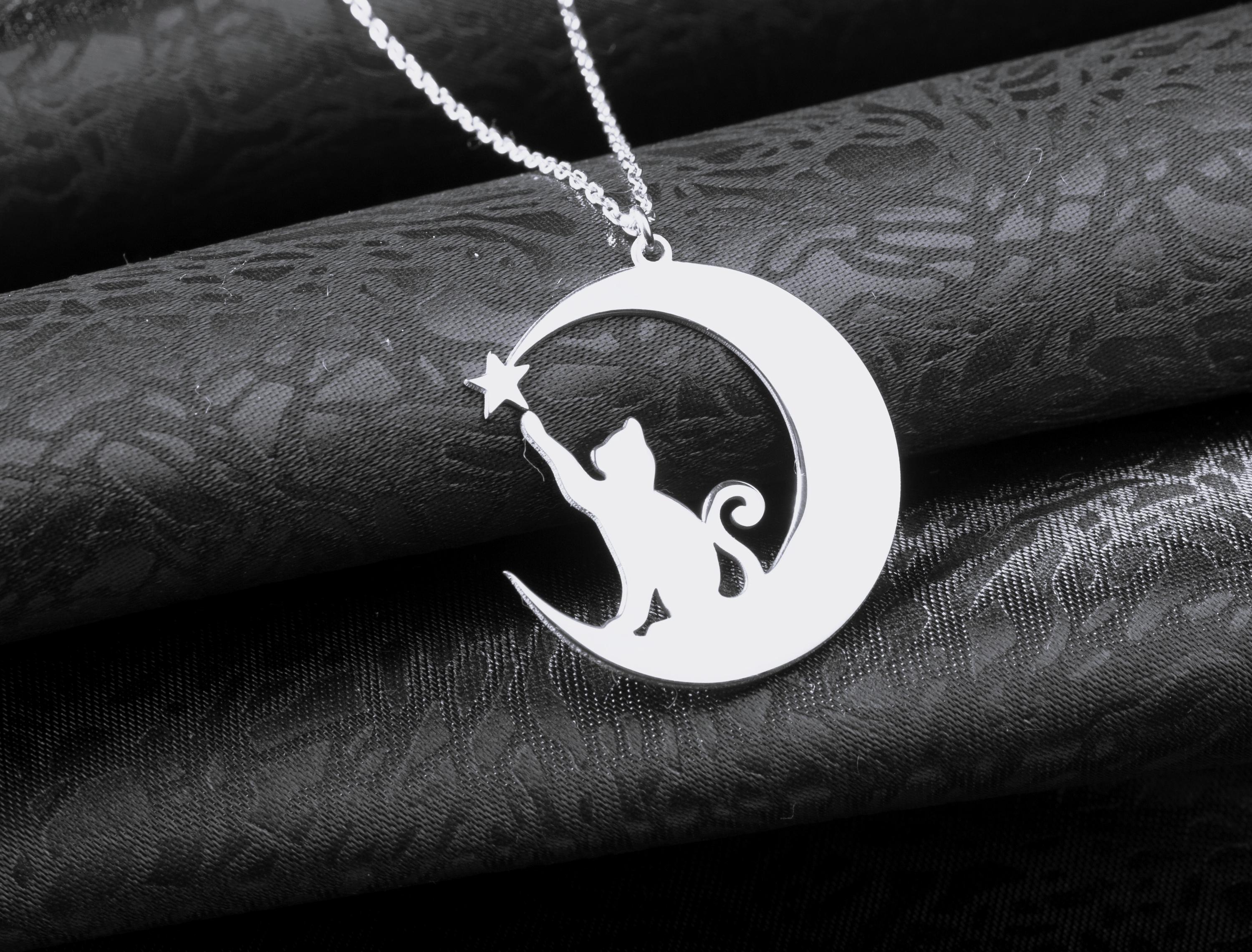 925 Sterling Silver Cat With Moon & Star Necklace Pendant - Dainty Jewelry Gift For Women And Girls