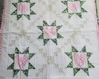 Pink Floral Heart Cotton Baby Quilt