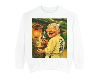 This sweatshirt features Hachigoro, the smiling Edo-period soba shop owner from Hachimonsen, known for his charming, popular character.
