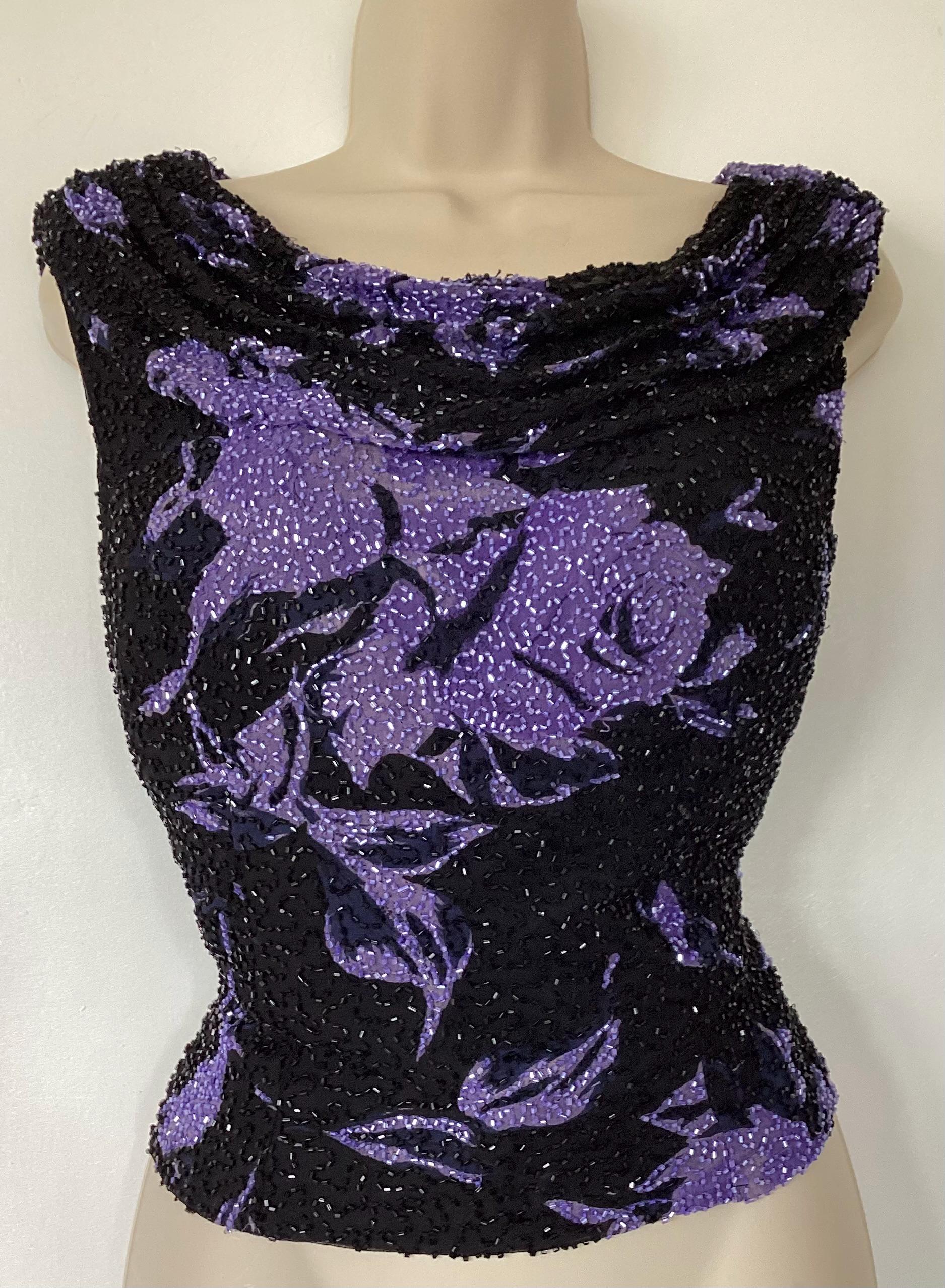 Beaded Purple and Black Silk Vintage Evening Top