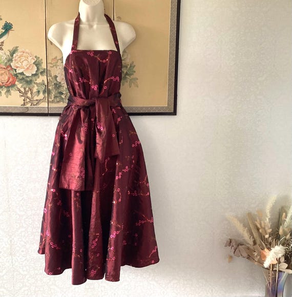 Maroon Floral Sequin Metallic Long Evening Dress