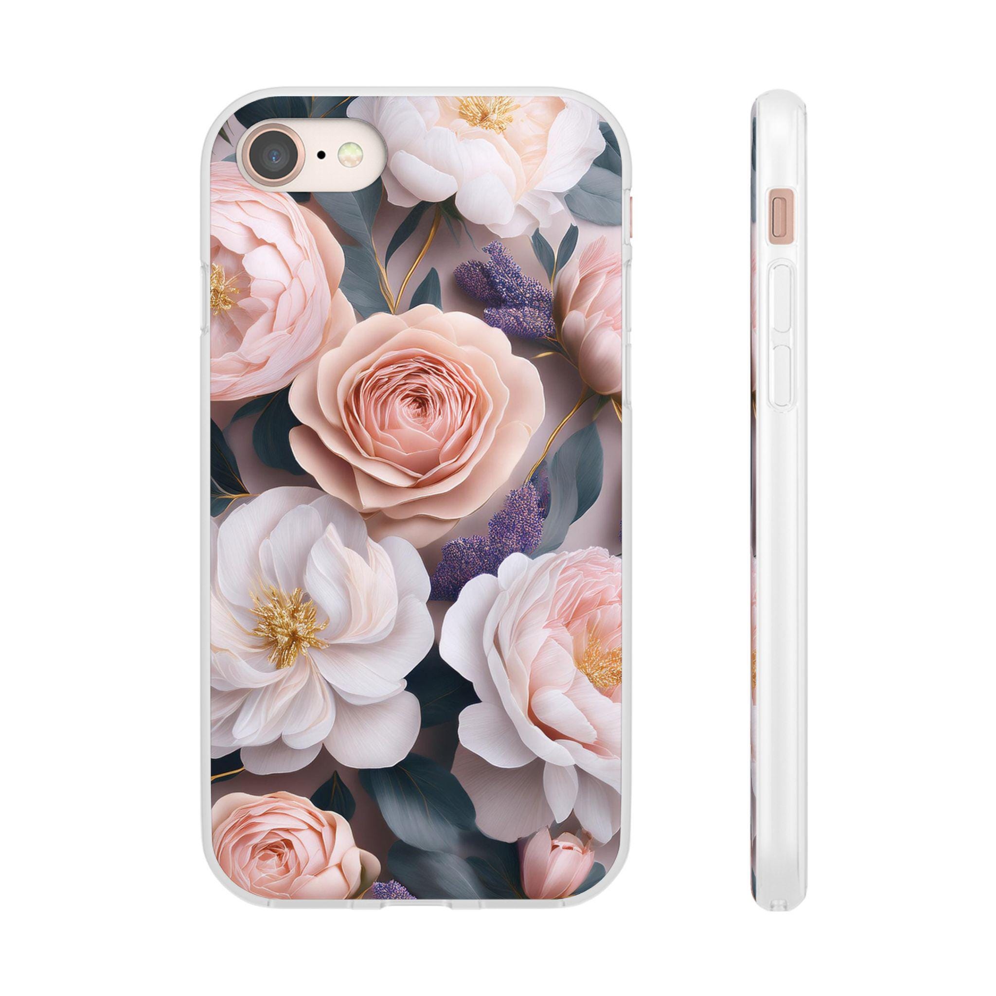Rose Gold Roses Peonies and Lilac Floral Design Flexible Phone Case for iPhone and Android with Wireless Charging Compatibility