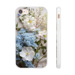 Beautiful Blue and White Cottage Flower Floral Design Flexible Phone Case for iPhone and Android with Wireless Charging Compatibility