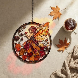 May include: A circular stained glass suncatcher depicting a fairy in autumnal colours. The fairy has red hair and is holding a mushroom. The fairy's dress and wings are made of fall leaves. The suncatcher has a metal frame.