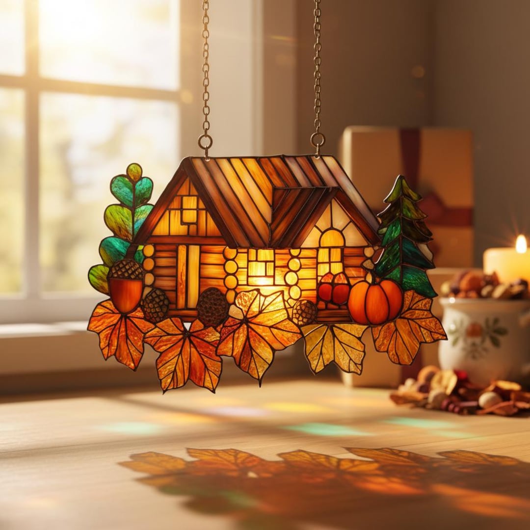 Cozy Cabin Resin Suncatcher, Faux Stained Glass Fall Window Hanging ...