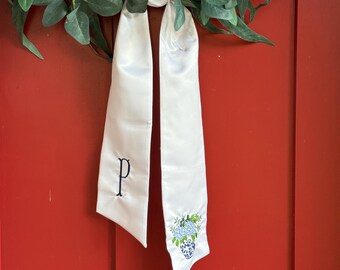 Personalized Chinoiserie Inspired Embroidered Wreath Sash