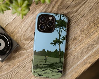 iPhone Tough Case Disc Golf Themed Phone Grassy Field Disc Golf Basket Illustration Phone Accessory for Disc Golfers