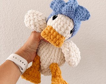 Crochet Della Duck Snuggler Lovey - Handmade Amigurumi Duck Plushie with Headband in Periwinkle