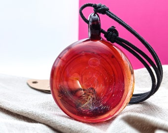 Statement Jewellery Red and Dichroic Glass Pendant, Large Circular Focal Necklace