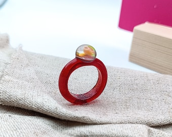 Orange Opal and Glass Ring, Handmade Gifts, Solid Glass Jewellery with October Birthstone.