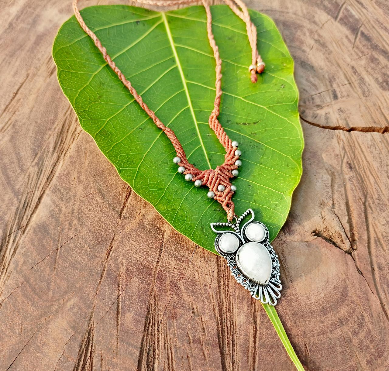 Macrame Necklace Pendant Jewelry Moonstone Owl Pendant Stone Cord Handmade Bohemian necklace bohemia