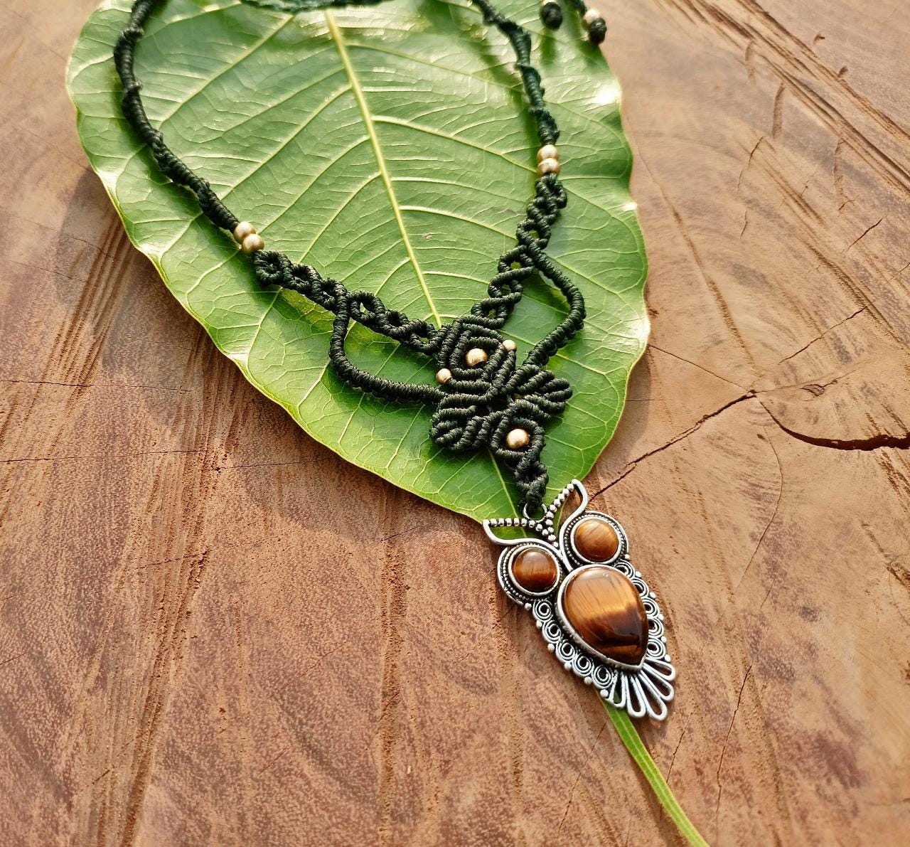 Macrame Necklace Pendant Jewelry Tiger Eye Owl Pendant Stone Cord Handmade Bohemian necklace bohemia