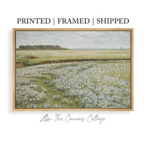May include: Framed landscape art print featuring a field of white flowers under a cloudy sky. The artwork is in a light brown wooden frame. The text "PRINTED | FRAMED | SHIPPED" is at the top. The Canvas Cottage logo is at the bottom.