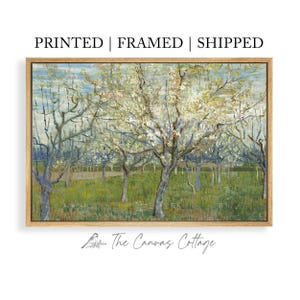 May include: A framed print of a painting depicting blossoming trees in a field. The artwork features a light brown wooden frame. The text "PRINTED | FRAMED | SHIPPED" is at the top. The Canvas Cottage logo is at the bottom.