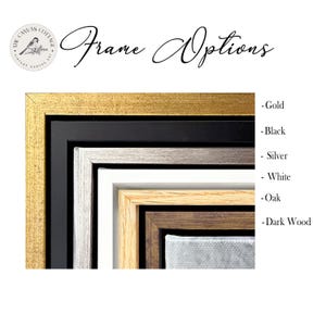 May include: Image showcasing a selection of picture frame options. The frames are displayed in a nested arrangement, revealing gold, black, silver, white, oak, and dark wood finishes. Text reads "Frame Options" and lists the frame colors.