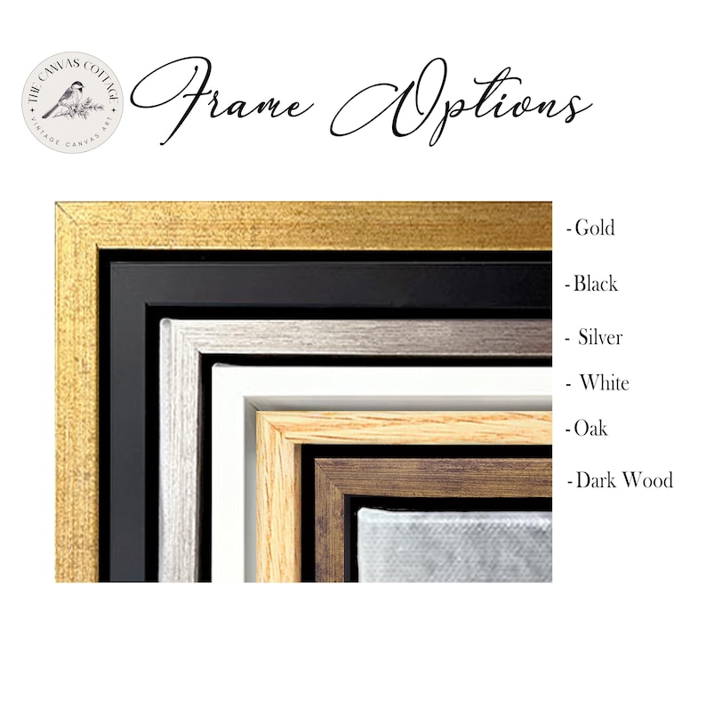 May include: Image showcasing a selection of picture frame options. The frames are displayed in a nested arrangement, revealing gold, black, silver, white, oak, and dark wood finishes. Text reads "Frame Options" and lists the frame colors.