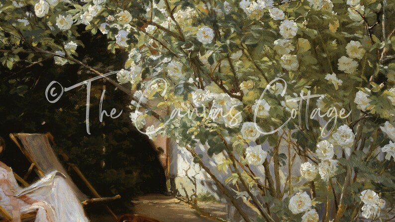 May include: An impressionistic painting of a garden scene with white roses in full bloom. The text "The Canvas Cottage" is overlaid on the image. A person is seated in a chair, reading. The scene is bathed in sunlight.