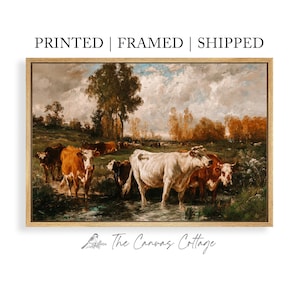 Framed or Unframed VINTAGE Cows Country Landscape Oil Painting Art Print On LARGE Canvas Antique Modern Farmhouse Wall Art Decor  /088