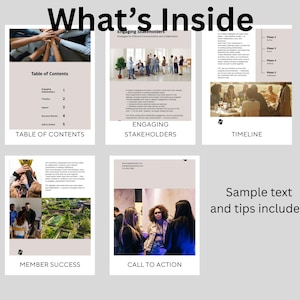 May include: A guide with a table of contents, engaging stakeholders, timeline, member success, and call to action sections. The guide includes sample text and tips.