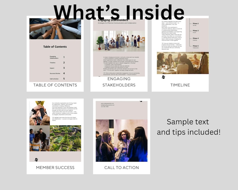 May include: A guide with a table of contents, engaging stakeholders, timeline, member success, and call to action sections. The guide includes sample text and tips.