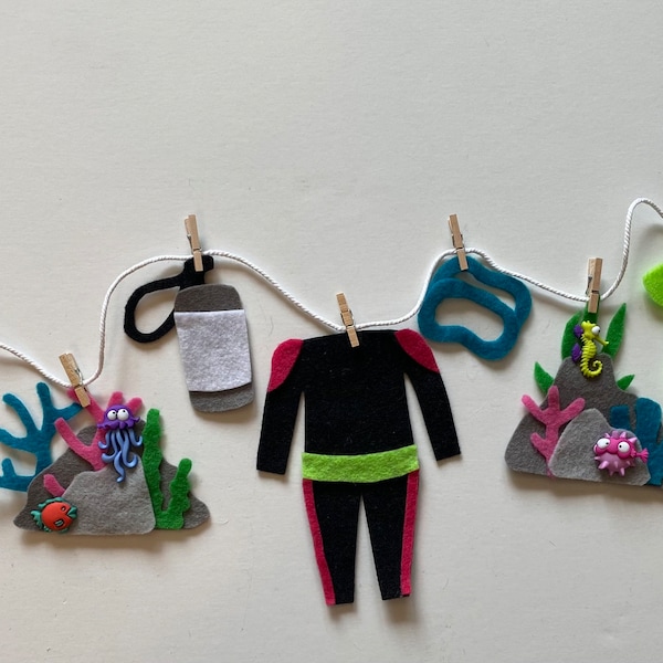 Scuba Diver Miniature Felt Clothesline Banner Wetsuit Bunting Coral Reef Garland Ocean Wall Hanging Decoration for Parties