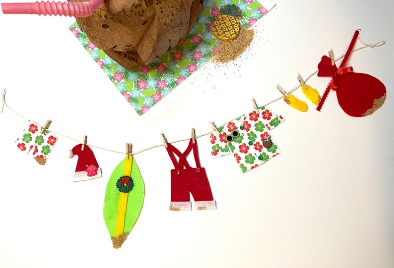 Beach Santa Miniature Felt Clothesline Banner Garland Bunting Wall Hanging and Fireplace Mantel Decoration image 1