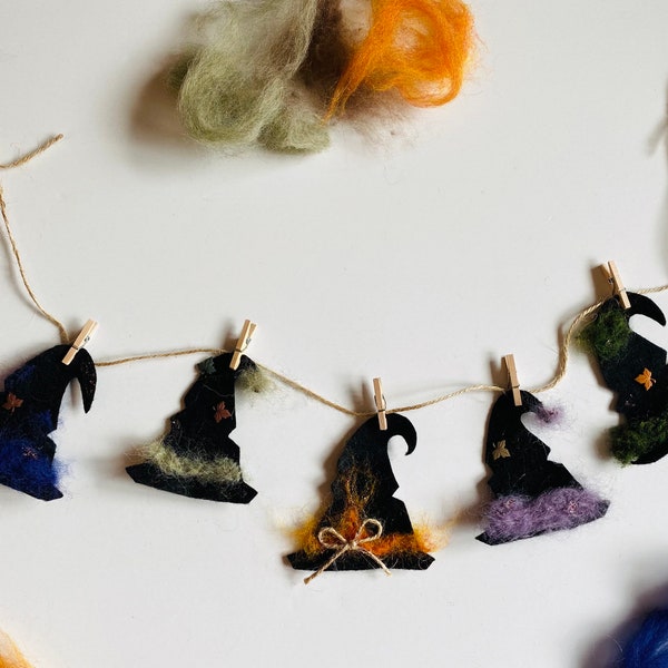 Felted Witch’s Hats Clothesline Banner Miniature Garland Bunting Wall Hanging Decoration for Halloween