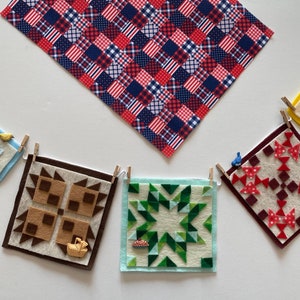 Miniatuur vilten quilts waslijn, met vogels, picknickmand en taartslinger, quiltbanner, muurhangende decoratie