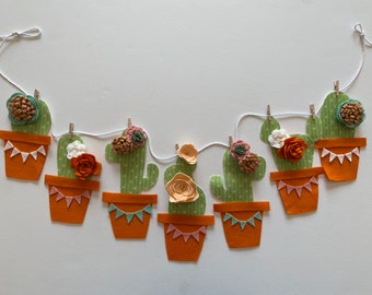 Cactus Banner with Felt Flowers, Desert Cacti Bunting, Garland, Wall Hanging, Summer Decoration
