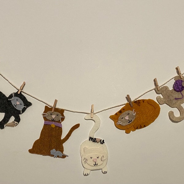 Cat Banner, Miniature Felt Kitten Garland, Feline Wall Hanging Decoration