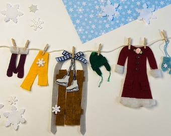 Old Fashioned Winter Miniature Felt Clothesline Garland Banner Bunting Wall Hanging Decoration