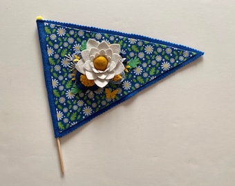 Felt Flower Flag in White and Blue, June Pennant, for Seasonal Accessorizing in Home Decorations