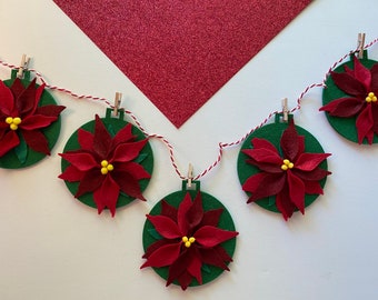 Felt Poinsettia Flower Christmas Holiday Ornament Garland Banner Bunting Wall Hanging Decoration for December