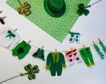 Miniature Felted Leprechaun&#39;s Clothesline Banner Decoration St. Patrick&#39;s Day Bunting Garland Wall Hanging