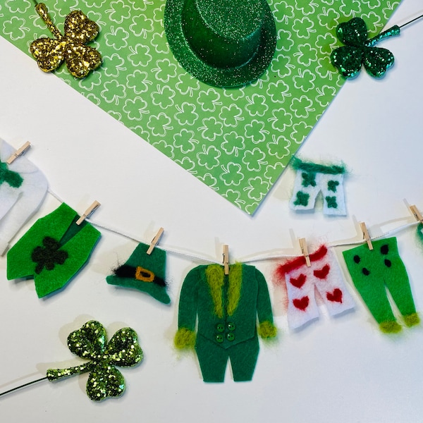 Miniature Felted Leprechaun's Clothesline Banner Decoration St. Patrick's Day Bunting Garland Wall Hanging