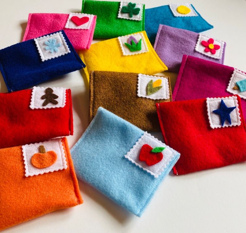 Monthly Felt Envelopes Miniature Pretend Play Mail for all Seasons with Velcro Enclosure Set of 12 image 2