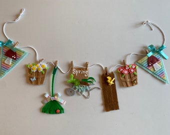 Spring Seasonal Banner, Miniature Felt Garland Bunting, Gardening Wheelbarrow Wall Hanging, Mushroom Flag Pennant Decoration