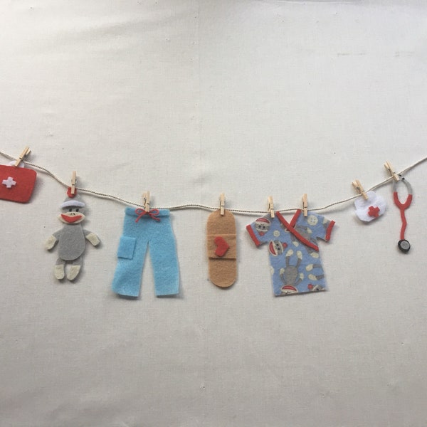 Nurse Doctor Sock Monkey Scrubs Miniature Medical Felt Clothesline Garland Bunting Decoration