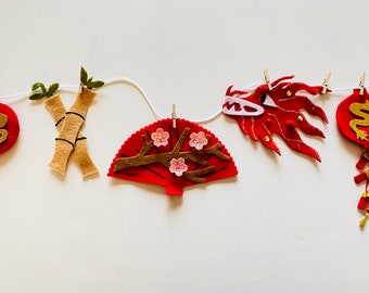 Lunar New Year Miniature Felt Clothesline Banner Chinese Bunting Wall Hanging Decoration with Interchangable Pieces Option