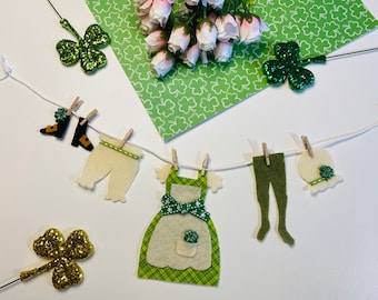 Irish Lady Leprechaun Miniature Felt Clothesline Banner Garland Bunting Wall Hanging Decoration for St. Patrick’s Day