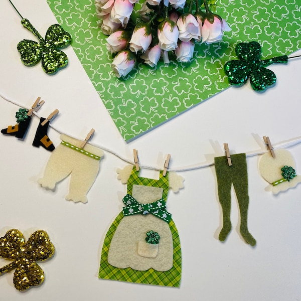 Irish Lady Leprechaun Miniature Felt Clothesline Banner Garland Bunting Wall Hanging Decoration for St. Patrick’s Day