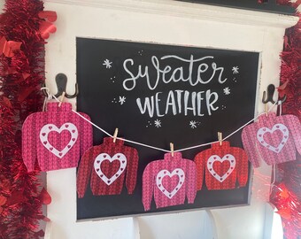 Valentine’s Day Felt Sweater Clothesline Miniature Garland Heart Banner Pink and Red Bunting Decoration Wall Hanging