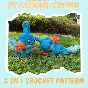 Op de afbeelding: Twee blauwe gehaakte figuren, één staand en één liggend, met oranje accenten, worden getoond op een grasachtig oppervlak. De afbeelding bevat de tekst "SLEEPY / STANDING KIPPER" en "2 IN 1 CROCHET PATTERN By Little Bunny Garden."
