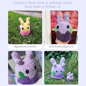 May include: A page with the text "TESTER APPRECIATION!" and "Couldn't have done it without them! Give them a follow <3". The page features four images of crocheted creatures in various colors, with the creators' usernames below each image.