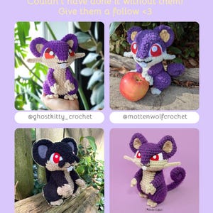 May include: A collage of four crocheted rat-like creatures in various colors, including purple, black, and tan. Each has large ears, red eyes, and a long tail. The text "TESTER APPRECIATION!" and "Give them a follow <3" is at the top.