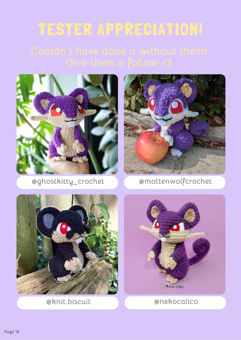 May include: A collage of four crocheted rat-like creatures in various colors, including purple, black, and tan. Each has large ears, red eyes, and a long tail. The text "TESTER APPRECIATION!" and "Give them a follow <3" is at the top.