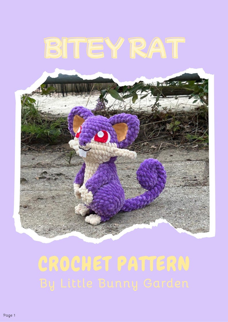 May include: A crocheted purple rat with a cream-colored belly, ears, and snout. The rat has red eyes and a long, curled tail. The image includes the text "BITEY RAT" and "CROCHET PATTERN By Little Bunny Garden."