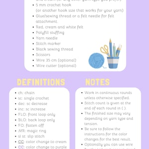 May include: A light purple page with a materials list for a crochet project. The list includes purple and cream chenille yarn, a 5 mm crochet hook, felt, stuffing, a yarn needle, and other tools. Definitions and notes are also provided.
