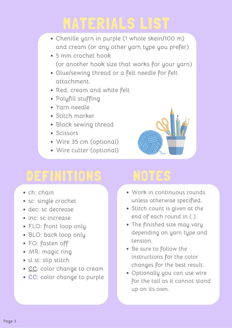 May include: A light purple page with a materials list for a crochet project. The list includes purple and cream chenille yarn, a 5 mm crochet hook, felt, stuffing, a yarn needle, and other tools. Definitions and notes are also provided.
