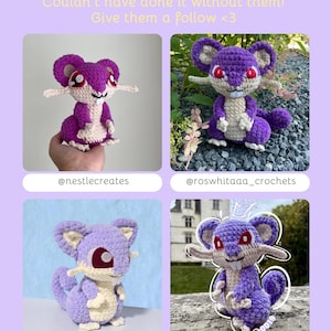 May include: Four crochet mouse figures in purple, lavender, and white, each with red eyes and long whiskers. The text "TESTER APPRECIATION!" is at the top, with social media handles below each mouse. The background is a light purple.
